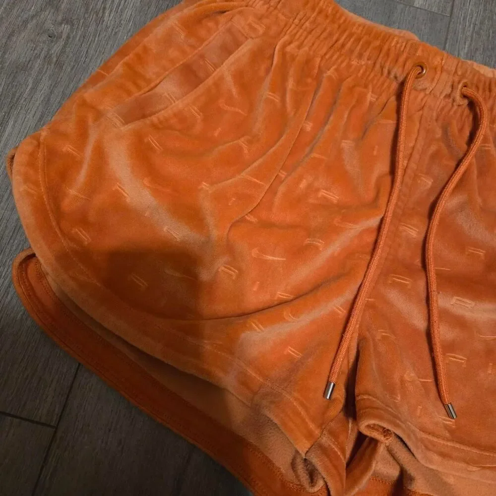 Women's Nike Air Burnt Orange Velour Velvet Soft Shortie Shorts Medium - Picture 2 of 5